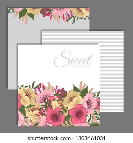 Wedding invitation set. Beautiful blooming flowers. Vintage greeting card. Frame.