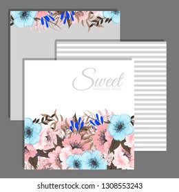 Wedding invitation set. Beautiful blooming flowers. Vintage greeting card. Frame.