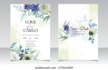 Wedding invitation set with beautiful floral and leaves watercolor