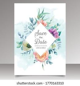 Wedding invitation set with beautiful floral and leaves watercolor