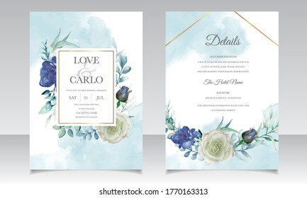 Wedding invitation set with beautiful floral and leaves watercolor