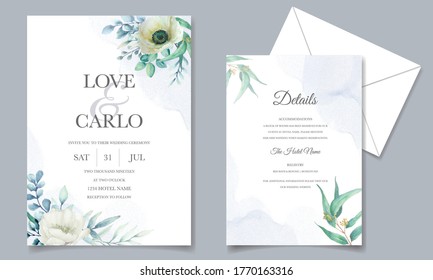 Wedding invitation set with beautiful floral and leaves watercolor