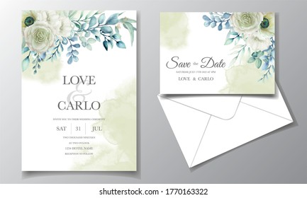 Wedding invitation set with beautiful floral and leaves watercolor