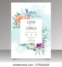 Wedding invitation set with beautiful floral and leaves watercolor
