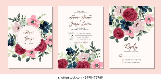 conjunto de invitación de boda con hermosa acuarela floral