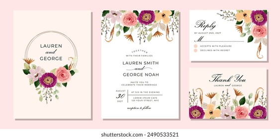 wedding invitation set with beautiful floral garden watercolor frame