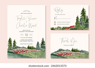 conjunto de invitación de boda con hermoso campo de flores paisaje de acuarela