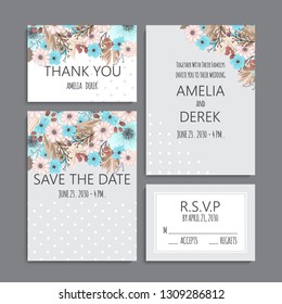 Wedding invitation set. Beautiful flowers. Greeting card. template