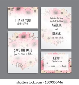 Wedding invitation set. Beautiful flowers. Greeting card. template