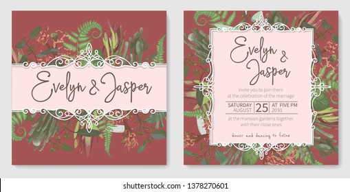 Wedding invitation set, beautiful greeting card, vector watercolor banner. Brunia, fern, eucalyptus, leucadendron, gaultheria, salal, jatropha on background with grid. Postcards, posters 
