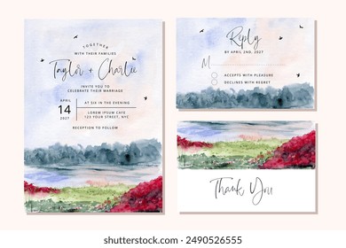 wedding invitation set with beautiful watercolor landscape