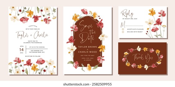 wedding invitation set with beautiful wildflower watercolor