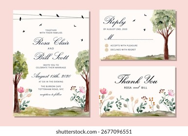 Invitación de boda con fondo de acuarela de pájaro y árbol