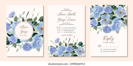 conjunto de invitación de boda con marco de acuarela floral azul