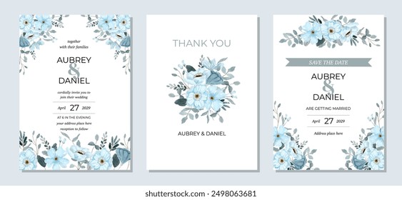 wedding invitation set with blue floral watercolor background