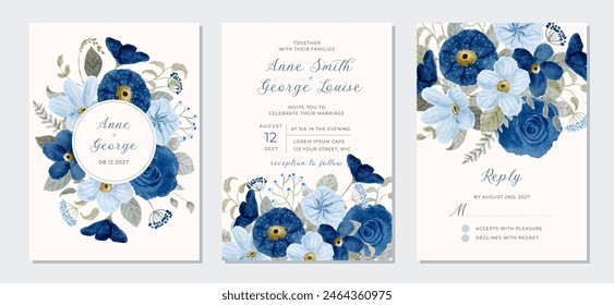 wedding invitation set with blue navy floral watercolor frame