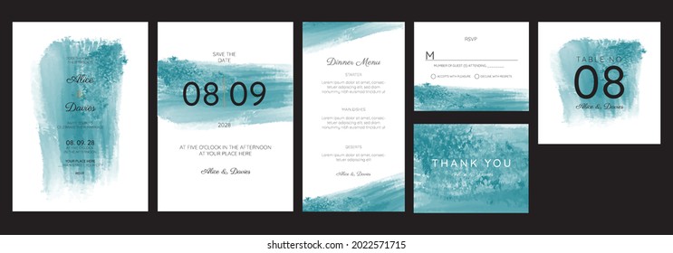 Wedding Invitation Set, blue watercolor stroke invitation, thank you, rsvp. Elegant modern template vector, trendy cover, graphic poster, retro brochure, design template