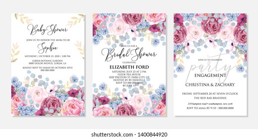 Wedding invitation set blush pink dark red peony marsala burgundy blue hydrangea eucalyptus Floral template card suite crimson peony spring bridal shower bouquet Baby shower Engagement party
