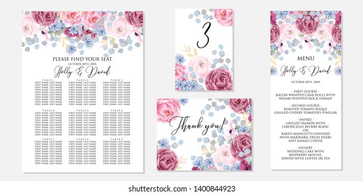 Wedding invitation set blush pink dark red peony marsala burgundy blue hydrangea eucalyptus Floral template card suite crimson peony spring bridal shower bouquet thank you table card menu seating char