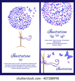 Wedding invitation set with butterflies in blue color. Simple and elegant vector invitation, card template. Copy space. Perfect as wedding invitation and cards