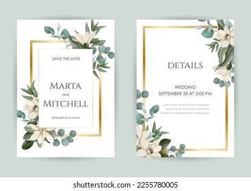 Wedding invitation set of card with leaves. Design with forest green leaves, magnolia, eucalyptus, fern  golden geometric frame. Floral Trendy templates for banner, flyer, poster, greeting.