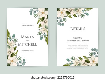 Wedding invitation set of card with leaves. Design with forest green leaves, magnolia, eucalyptus, fern  golden geometric frame. Floral Trendy templates for banner, flyer, poster, greeting.