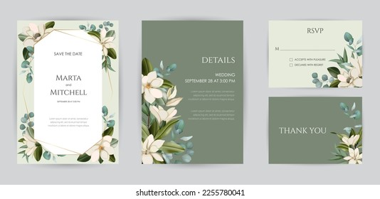 Wedding invitation set of card with leaves. Design with forest green leaves, magnolia, eucalyptus, fern  golden geometric frame. Floral Trendy templates for banner, flyer, poster, greeting.