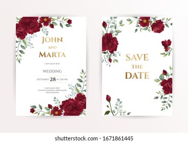 Wedding invitation set of card with red flowers rose, eucalyptus leaves. Floral Trendy templates for banner, flyer, poster, greeting. Vector illustration. eps 10