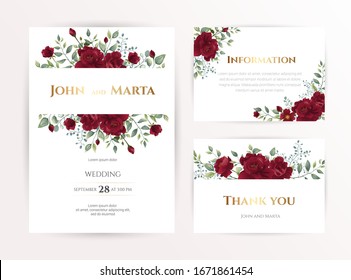 Wedding invitation set of card with red flowers rose, eucalyptus leaves. Floral Trendy templates for banner, flyer, poster, greeting. Vector illustration. eps 10