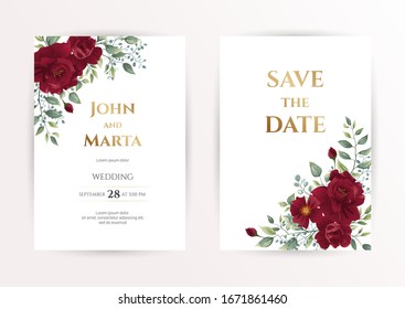 Invitación de boda conjunto de cartas con flores rojas rosa, hojas de eucalipto. Plantillas Floral Trendy para banner, volante, afiche, saludo. Ilustración vectorial. Pasos 10