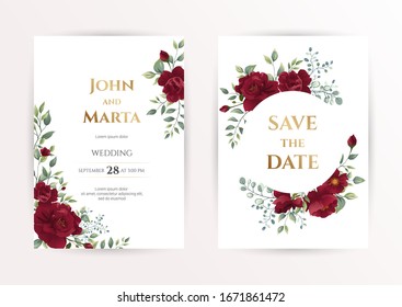 Wedding invitation set of card with red flowers rose, eucalyptus leaves. Floral Trendy templates for banner, flyer, poster, greeting. Vector illustration. eps 10