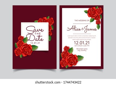 Wedding invitation set of card with red flowers rose. Vector