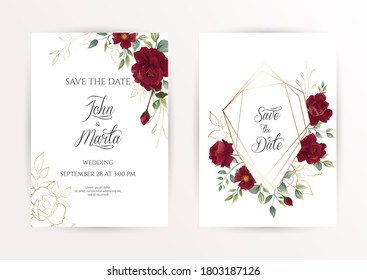 Wedding invitation set of card with red flowers rose, eucalyptus leaves. Floral Trendy templates for banner, flyer, poster, greeting. Vector illustration. eps 10