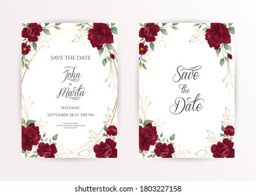 Wedding invitation set of card with red flowers rose, eucalyptus leaves. Floral Trendy templates for banner, flyer, poster, greeting. Vector illustration. eps 10