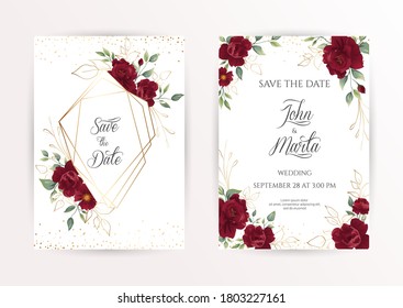 Wedding invitation set of card with red flowers rose, eucalyptus leaves. Floral Trendy templates for banner, flyer, poster, greeting. Vector illustration. eps 10