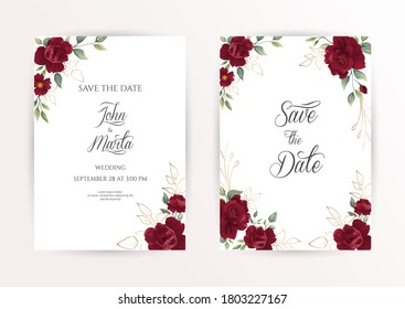 Invitación de bodas conjunto de cartas con flores rojas rosa, hojas de eucalipto. Plantillas Floral Trendy para banner, volante, afiche, saludo. Ilustración vectorial. Pasos 10