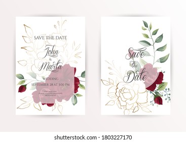 Wedding invitation set of card with red flowers rose, eucalyptus leaves. Floral Trendy templates for banner, flyer, poster, greeting. Vector illustration. eps 10