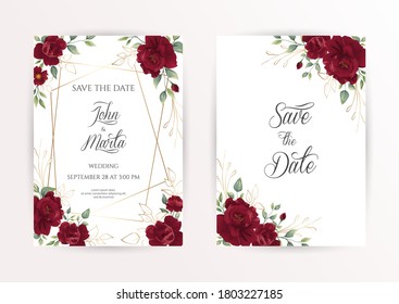 Wedding invitation set of card with red flowers rose, eucalyptus leaves. Floral Trendy templates for banner, flyer, poster, greeting. Vector illustration. eps 10