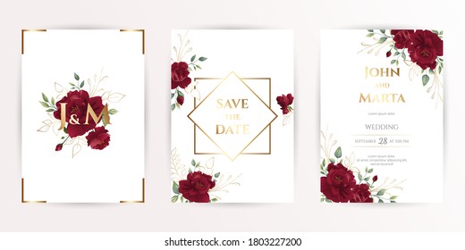 Wedding invitation set of card with red flowers rose, eucalyptus leaves. Floral Trendy templates for banner, flyer, poster, greeting. Vector illustration. eps 10