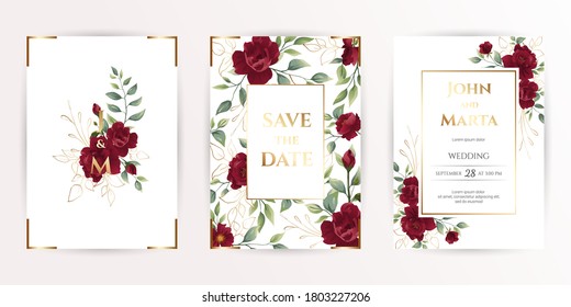 Wedding invitation set of card with red flowers rose, eucalyptus leaves. Floral Trendy templates for banner, flyer, poster, greeting. Vector illustration. eps 10