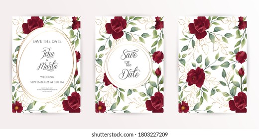 Invitación de bodas conjunto de cartas con flores rojas rosa, hojas de eucalipto. Plantillas Floral Trendy para banner, volante, afiche, saludo. Ilustración vectorial. Pasos 10