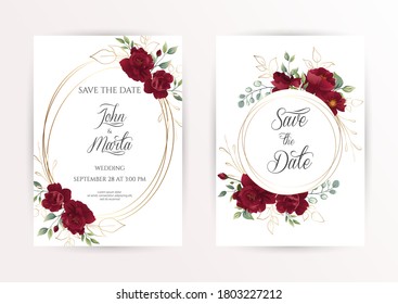 Wedding invitation set of card with red flowers rose, eucalyptus leaves. Floral Trendy templates for banner, flyer, poster, greeting. Vector illustration. eps 10