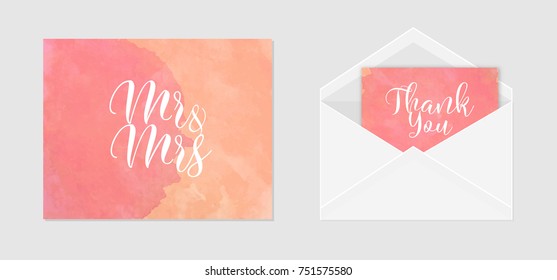 Wedding invitation set cards with hand drawn watercolor stains in trendy pink, orange colors. Envelope, Mr and Mrs, thank you calligraphic text, vector textured elements.