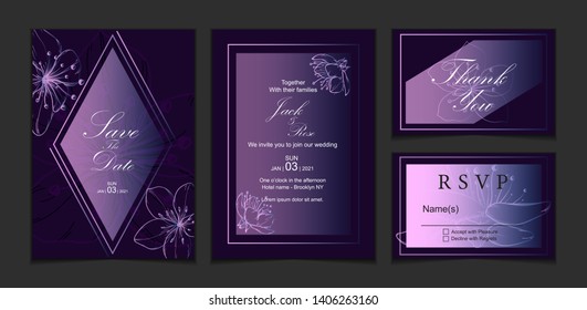 Wedding Invitation Set Cards with Indigo Lined Sakura Cherry Blossom Flowers and Modern Geometric Line Design Vector. Multipurpose Luxury Template