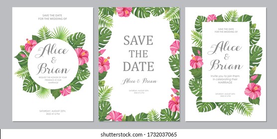 Invitación de boda. Cartas con hibisco de flores rosas y hojas verdes tropicales. Borde floral. Guarda la fecha, invitación, diseño de la tarjeta de cumpleaños. Ilustración vectorial.