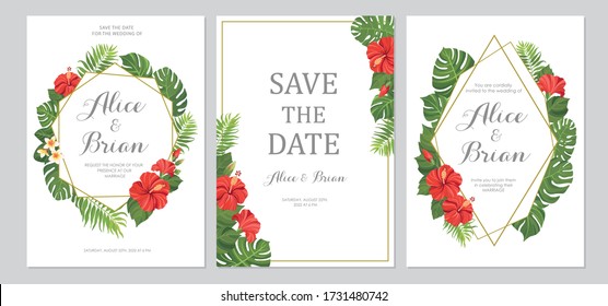 Wedding invitation set. Cards with red flowers hibiscus and tropical green leaves. Floral geometric border. Save the date, invite, birthday card design. Vector illustration.