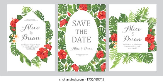 Wedding invitation set. Cards with red flowers hibiscus and tropical green leaves. Floral border. Save the date, invite, birthday card design. Vector illustration.