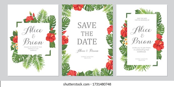 Invitación de boda. Cartas con hibisco de flores rojas y hojas verdes tropicales. Borde geométrico floral. Guarda la fecha, invitación, diseño de la tarjeta de cumpleaños. Ilustración vectorial.