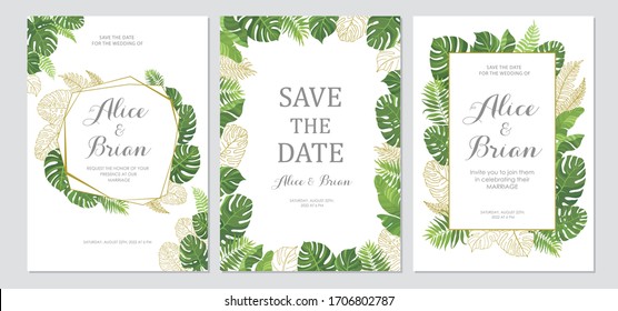Wedding invitation set. Cards with tropical green leaves and line art graphic. Floral border. Save the date, invite, birthday card design. Vector illustration.