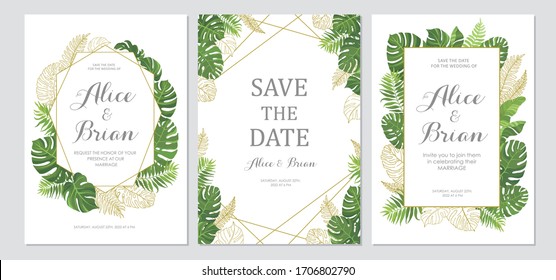 Wedding Invitation Set. Cards With Tropical Green Leaves And Line Art Graphic. Floral Border. Save The Date, Invite, Birthday Card Design. Vector Illustration.
